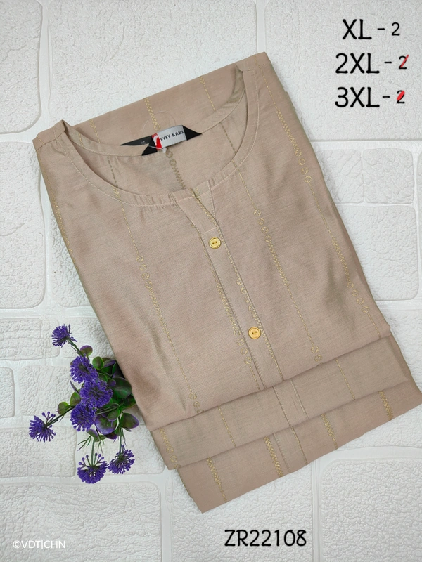 Twill Blue Silk Kurti |3/4th Sleeve | Side Cut kurti| Half brown|  ZR22108 - XL, Half brown