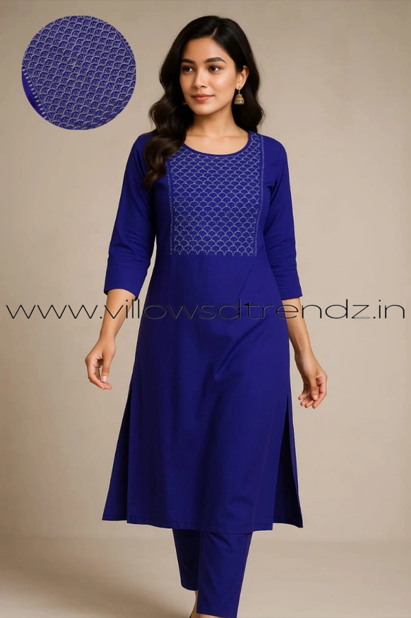 Twill Blue Silk Kurti |3/4th Sleeve | Side Cut kurti| Ink Blue | SK22002 - M, Ink Blue