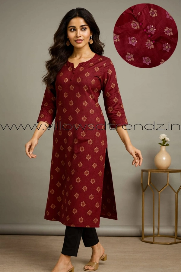Twill Blue Silk Kurti |3/4th Sleeve | Side Cut kurti| Maroon | SK265001 - XL, Maroon