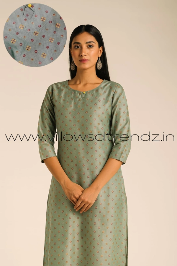 Twill Blue Silk Kurti |3/4th Sleeve | Side Cut kurti| Metalic green|  ZR22106 - 2XL, Metalic green