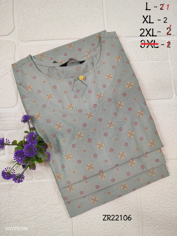 Twill Blue Silk Kurti |3/4th Sleeve | Side Cut kurti| Metalic green|  ZR22106 - 2XL, Metalic green