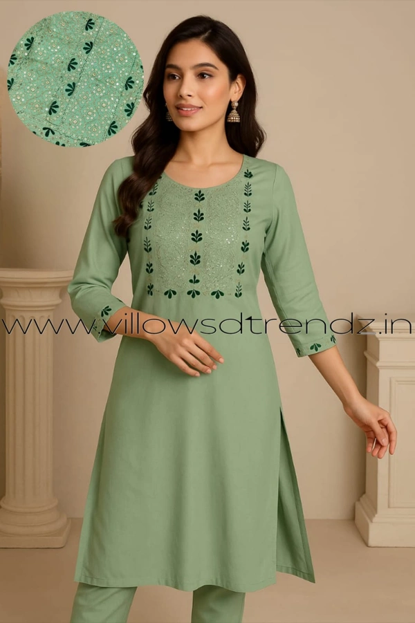 Twill Blue Silk Kurti |3/4th Sleeve | Side Cut kurti| Peach green | EMS9008 - M, Peach green