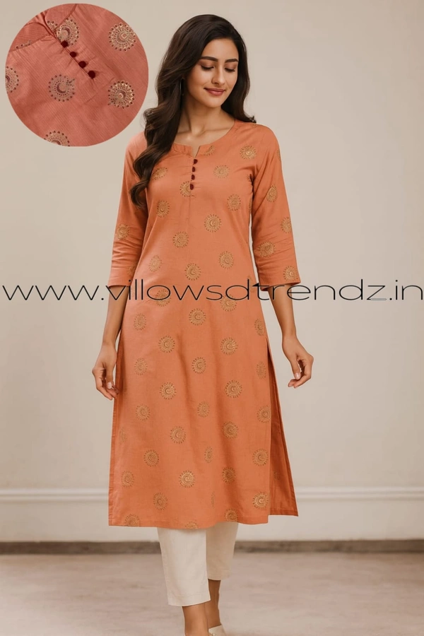 Twill Blue Silk Kurti |3/4th Sleeve | Side Cut kurti| Peach | SK265004 - XL, Peach