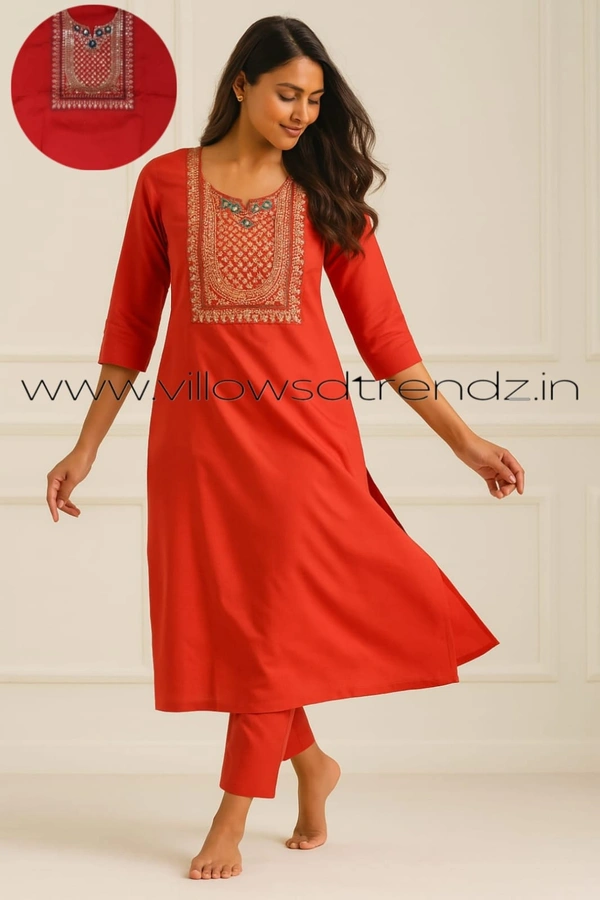 Twill Blue Silk Kurti |3/4th Sleeve | Side Cut kurti| Red | SK1521 - 2XL, Red