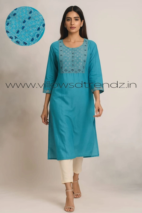 Twill Blue Silk Kurti |3/4th Sleeve | Side Cut kurti| Sky Blue | EMS9001 - M, Sky blue
