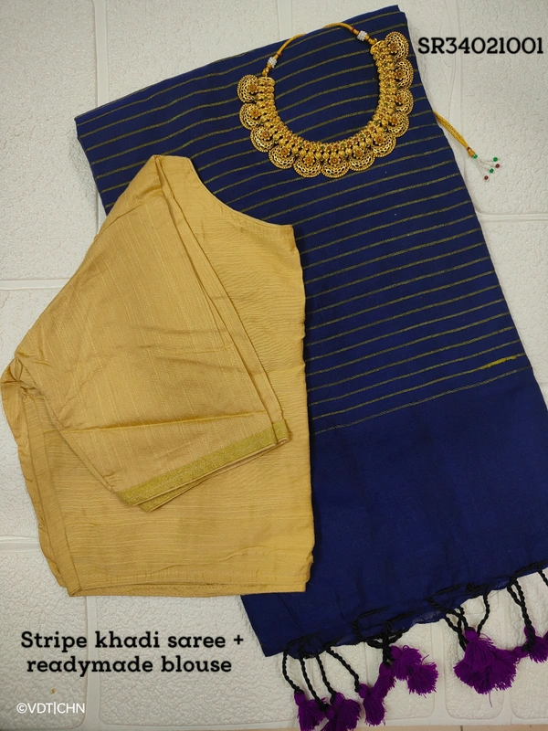 Ruthvi Ethincs Stripe Khadi Saree With blouse SR34021001 - Blue, Saree With Blouse