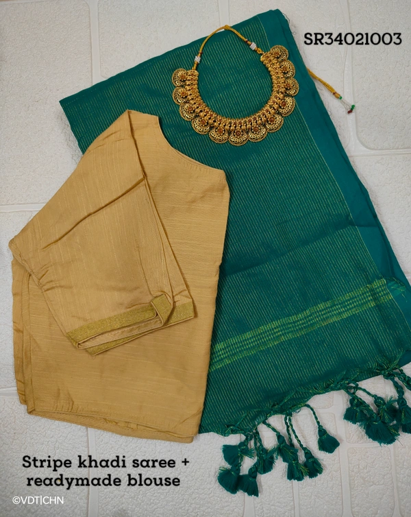 Ruthvi Ethincs Stripe Khadi Saree With blouse SR34021003 - Rama Green, Saree With Blouse