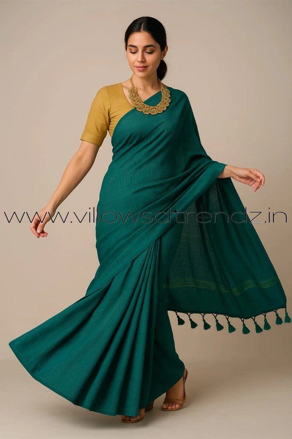 Ruthvi Ethincs Stripe Khadi Saree With blouse SR34021003 - Rama Green, Saree With Blouse