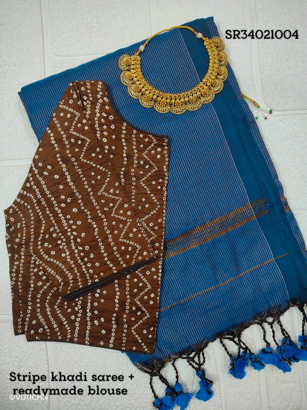 Ruthvi Ethincs Stripe Khadi Saree With blouse SR34021004 - Peacock Blue, Saree With Blouse