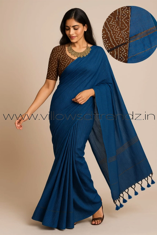 Ruthvi Ethincs Stripe Khadi Saree With blouse SR34021004 - Peacock Blue, Saree With Blouse