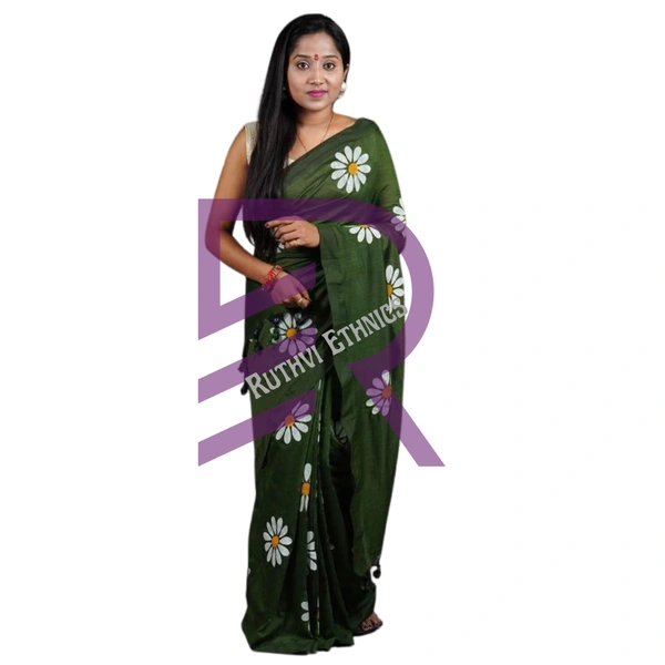 Ruthvi Ethincs Sunflower Khadi Cotton Saree With Blouse PK34021003 - Green, Saree With Blouse