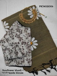 Ruthvi Ethincs Sunflower khadi Cotton Saree With Blouse PK34021006 - Ash Grey, Saree With Blouse
