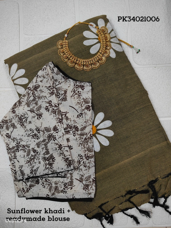 Ruthvi Ethincs Sunflower khadi Cotton Saree With Blouse PK34021006 - Ash Grey, Saree With Blouse