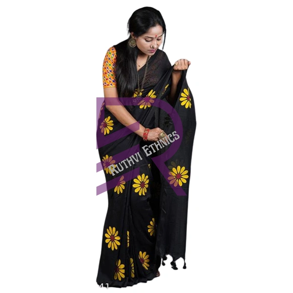 Ruthvi Ethincs Sunflower khadi Cotton Saree With Blouse PK34021005 - Black, Saree With Blouse