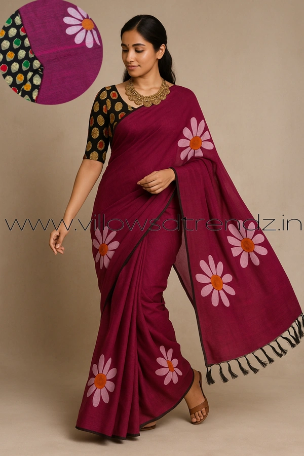 Ruthvi Ethincs Sunflower khadi Cotton Saree With Blouse PK340210011 - Purple, Saree With Blouse