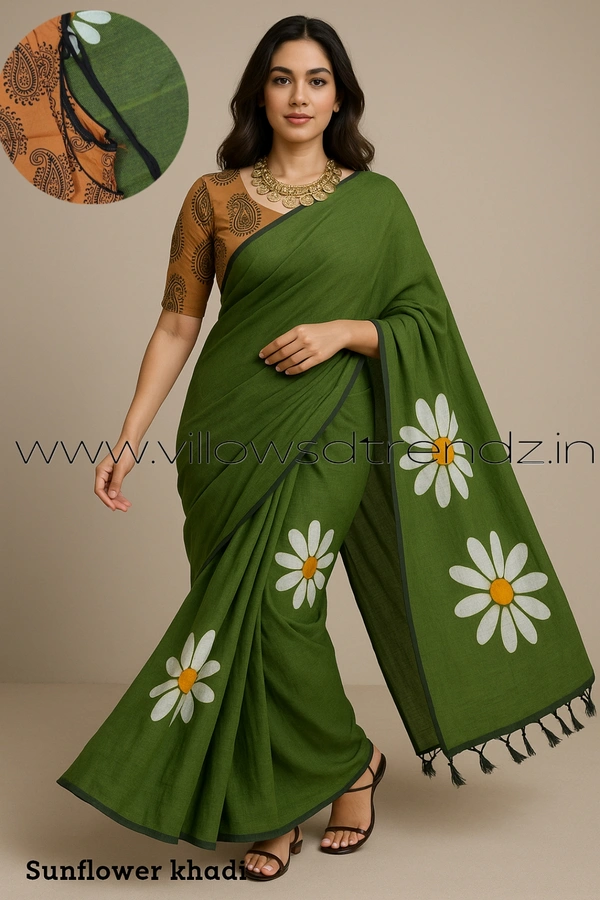 Ruthvi Ethincs Sunflower Khadi Cotton Saree With Blouse PK34021003 - Green, Saree With Blouse