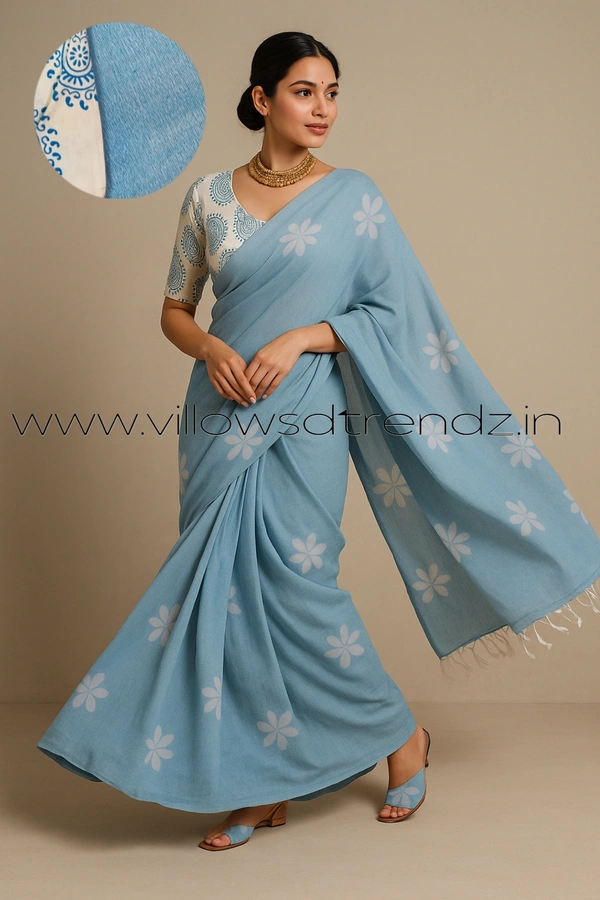 Ruthvi Ethincs Sunflower khadi Cotton Saree With Blouse PK34021008 - Sky Blue, Saree With Blouse