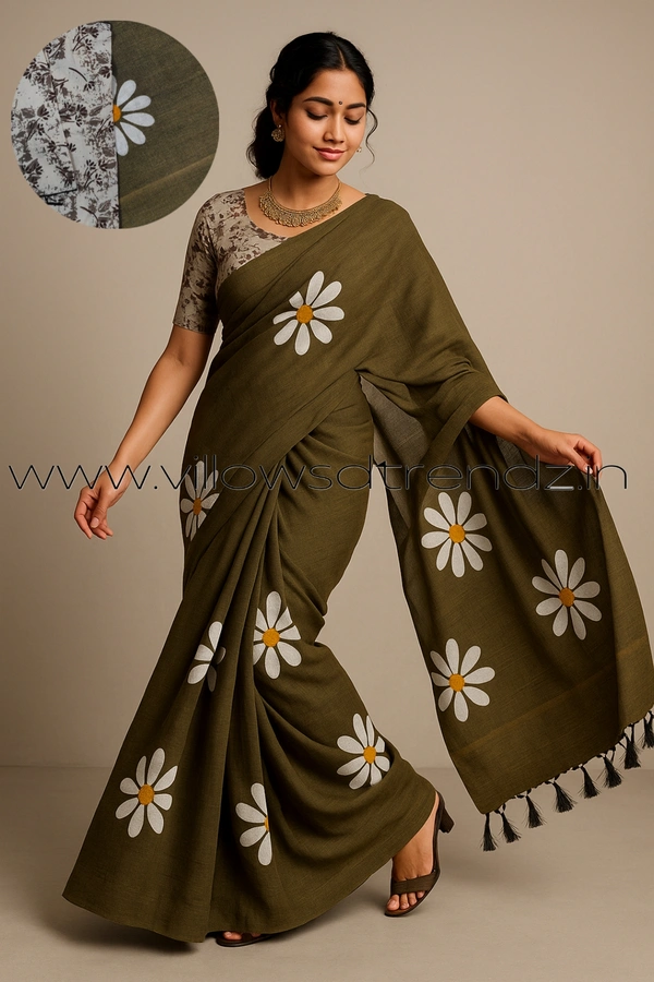 Ruthvi Ethincs Sunflower khadi Cotton Saree With Blouse PK34021006 - Ash Grey, Saree With Blouse