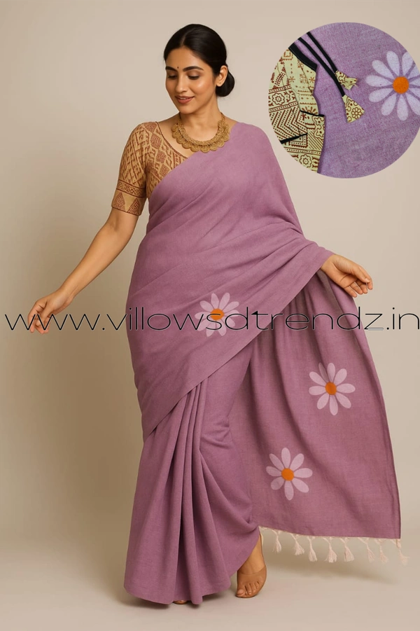Ruthvi Ethincs Sunflower khadi Cotton Saree With Blouse PK340210016 - Lavender, Saree With Blouse