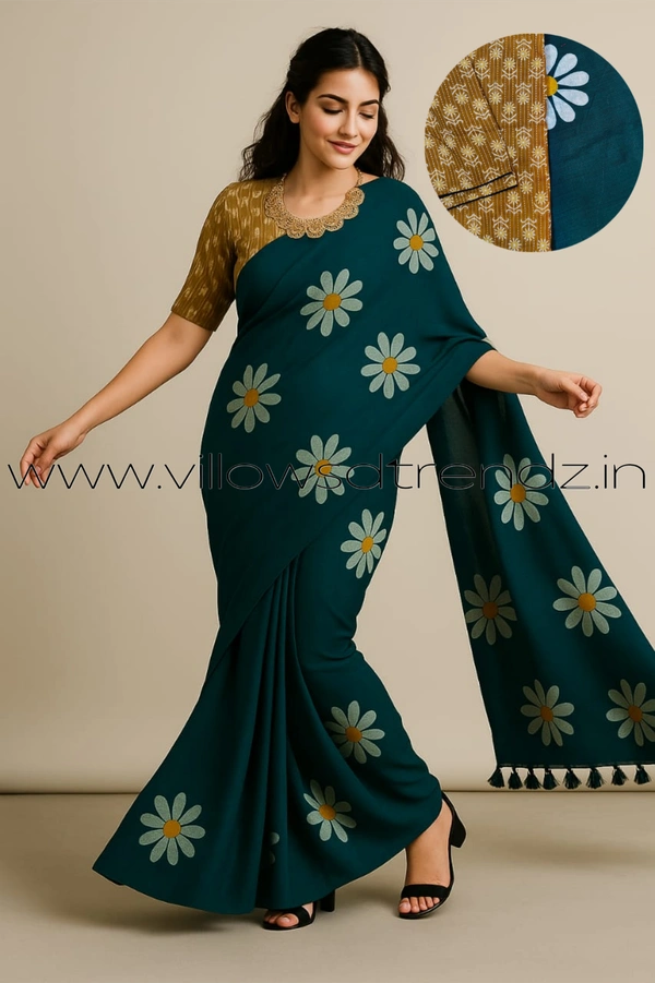 Ruthvi Ethincs Sunflower khadi Cotton Saree With Blouse PK340210014 - Peacock Blue, Saree With Blouse
