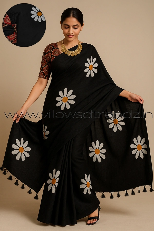 Ruthvi Ethincs Sunflower khadi Cotton Saree With Blouse PK34021005 - Black, Saree With Blouse
