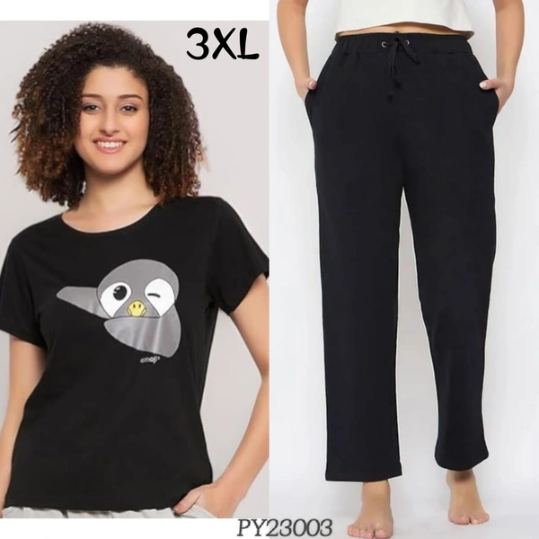 Clovia T- Shirt & Pyjama Set |100% Cotton |Black |PY23003 - 3XL, Black