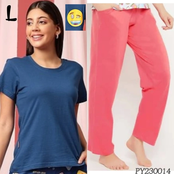 Clovia T- Shirt & Pyjama  Set |100% Cotton| Blue | PY230014 - L, Blue