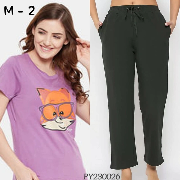 Clovia T- Shirt & Pyjama Set |100% Cotton |Purple |PY230026 - M, Purple