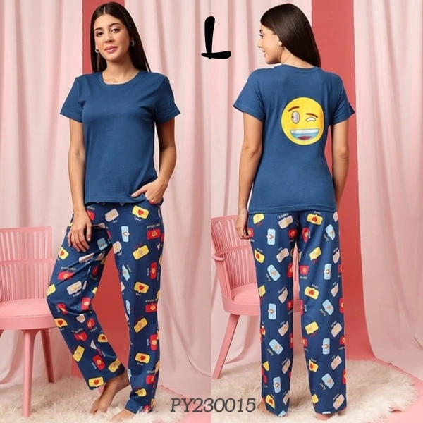 Clovia T -Shirt & Pyjama Set |100% Cotton|Blue | PY230015 - L, Blue