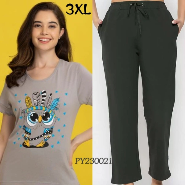 Clovia T -Shirt & Pyjama Set |100% Cotton|Grey | PY230021 - 3XL, Grey