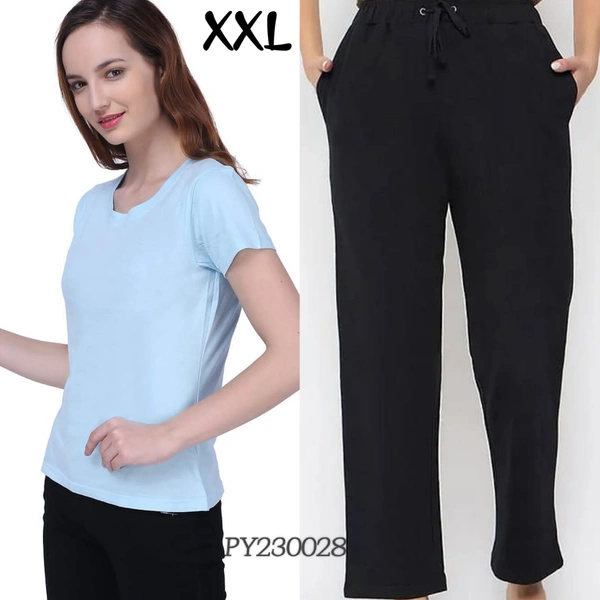 Clovia T -Shirt & Pyjama Set |100% Cotton|Sky Blue | PY230028 - 2XL, Sky Blue