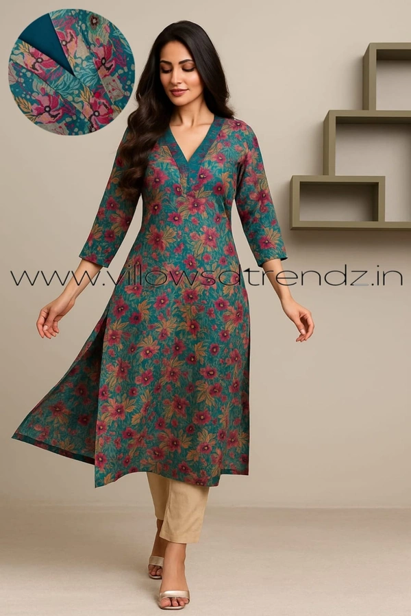 Twill Blue Tissue Silk Kurti with attractive Neck Pattern| Peacock blue| |Tk255052 - L, Peacock blue