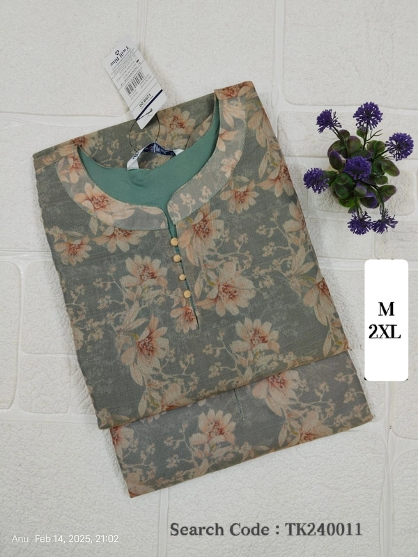 Twill Blue Tissue Silk Kurti with attractive Neck Pattern TK240011 - Ash, 2XL