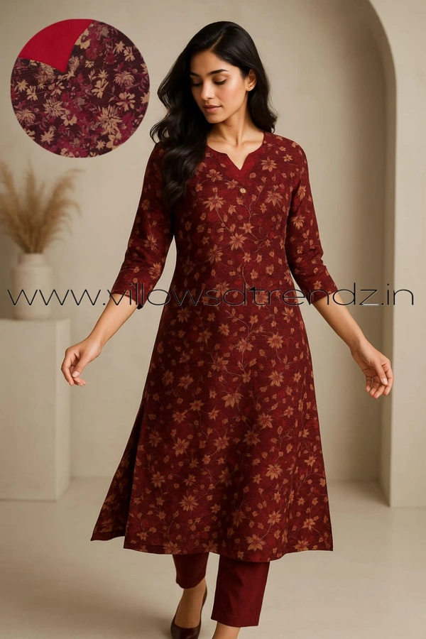 Twill Blue Tissue Silk Kurti with attractive Neck Pattern TK25501 - Maroon, M