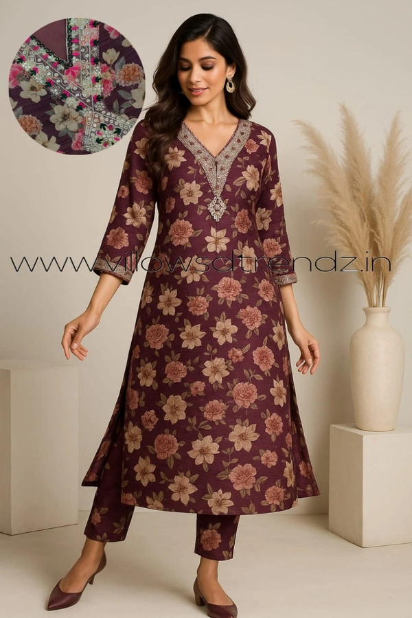 Twill Blue Tissue Silk Kurti with attractive Neck Pattern TK25512 - Beetroot red, M