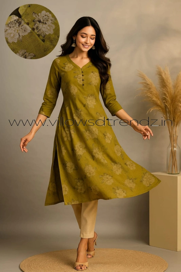 Twill Blue Tissue Silk Kurti with attractive Neck Pattern| TK25505 - XL, Olive Green