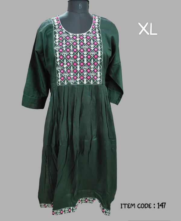 VDT Umbrella Kurti with mirror work 147 - Bottle Green, XL