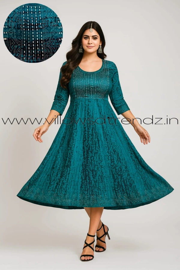 Twill Blue Umbrella Rayon Kurti | Peacock Green | UM315004 - L, Peacock Green