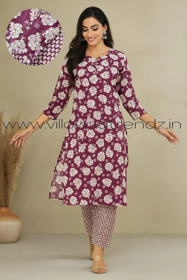 Twill Blue V Neck Kurti Set With Leaf Printed |Onion pink| KS35504 - 2XL, Onion pink