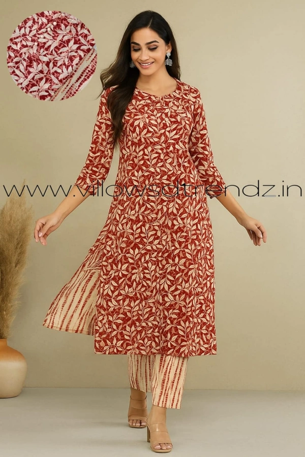 Twill Blue V Neck Kurti Set With Leaf Printed |Red | KS35503 - 2XL, Red