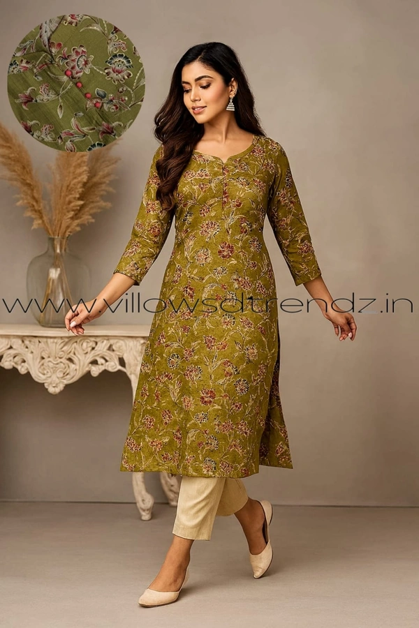 Twill Blue Vatican Silk Kurti | Side cut| 3/4th Sleeve| Green | VT30802 - M, Green