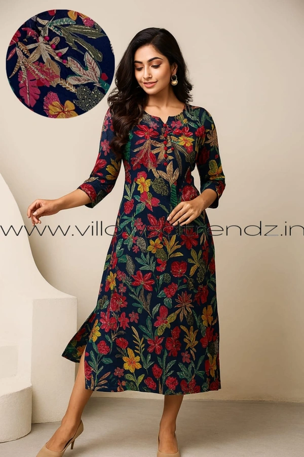 Twill Blue Vatican Silk Kurti | Side cut| 3/4th Sleeve| Multi Colour| VT30806 - L, Multi Colour