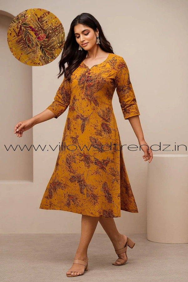 Twill Blue Vatican Silk Kurti | Side cut| 3/4th Sleeve| Mustured Yellow| VT30801 - 2XL, Mustured Yellow