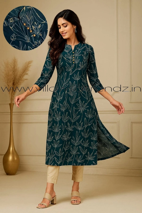Twill Blue Vatican Silk Kurti | Side cut| 3/4th Sleeve| Rama Blue | VT30804 - XL, Rama Blue