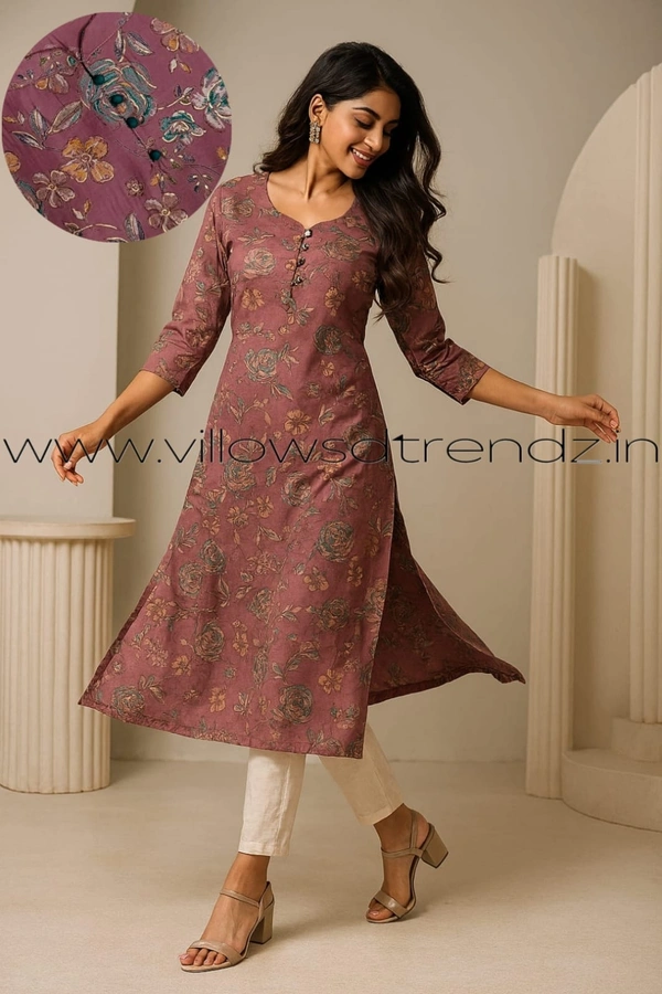 Twill Blue Vatican Silk Kurti | Side cut| 3/4th Sleeve|Onion Pink | VT30803 - M, Onion Pink
