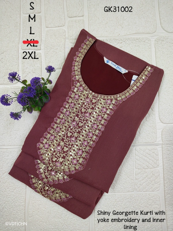 Twill Blue Vichitra Silk Kurti With Yoke Embrodiery GK31002 - Maroon, L