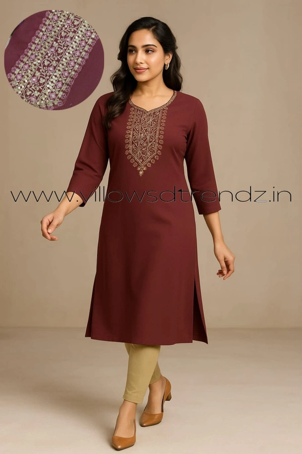 Twill Blue Vichitra Silk Kurti With Yoke Embrodiery GK31002 - Maroon, L