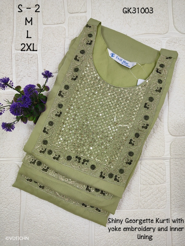Twill Blue Vichitra Silk Kurti With Yoke Embrodiery GK31003 - Green, S