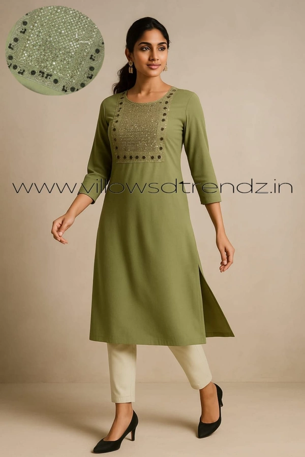 Twill Blue Vichitra Silk Kurti With Yoke Embrodiery GK31003 - Green, S