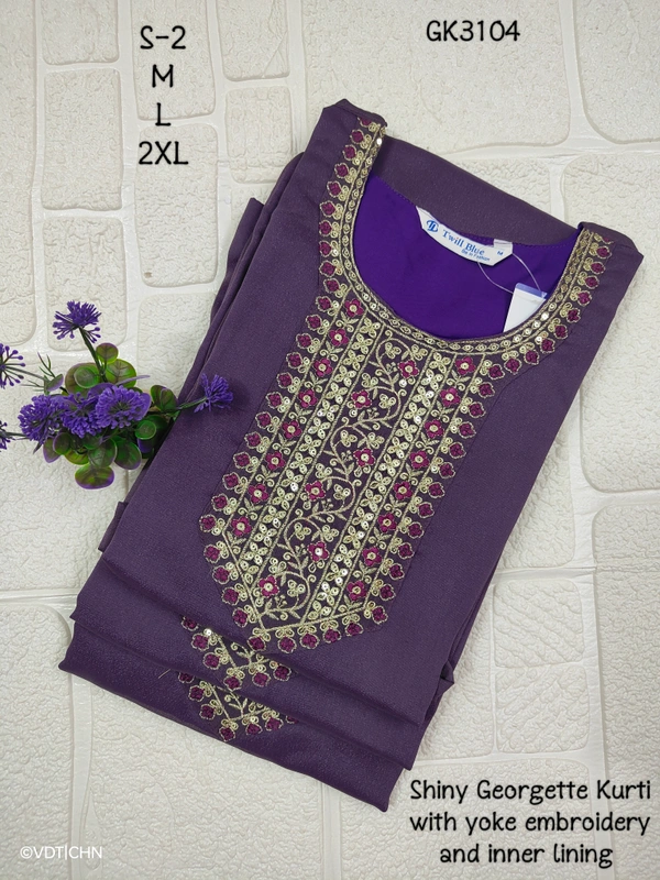 Twill Blue Vichitra Silk Kurti With Yoke Embrodiery GK31004 - Blue, L